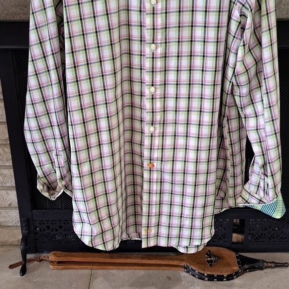 Thomas Dean Men's XL Flip Cuff Long Sleeve Shirt Gingham Plaid Cotton Dressy - Picture 2 of 12